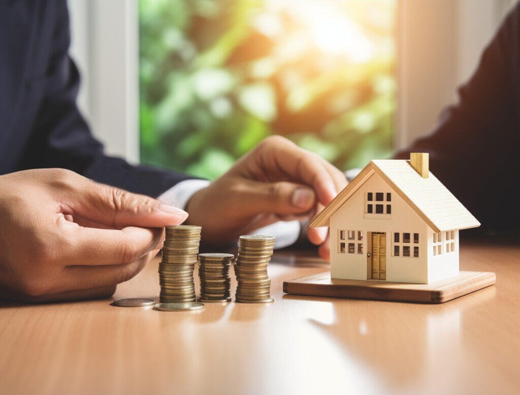 Hands arranging coins near a model house; financial planning.