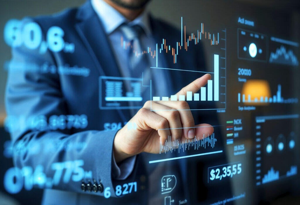 Businessperson analyzing financial data on a digital interface. Key figures include $2,35,55 and 6 8271.