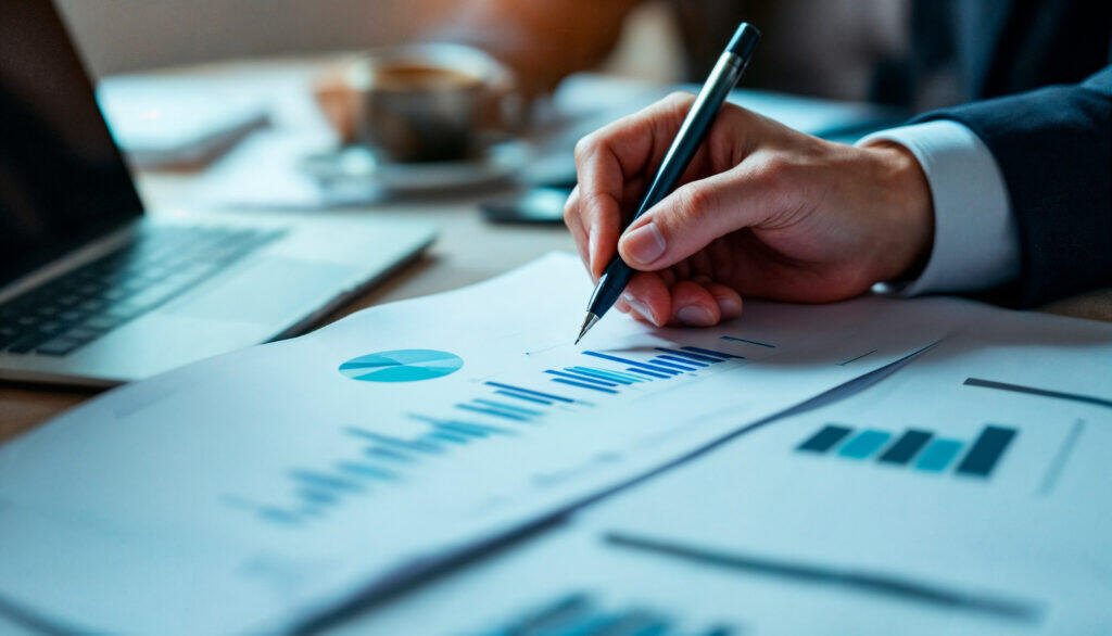Businessperson reviewing financial charts and graphs, analyzing investment portfolio data in Adelaide.
