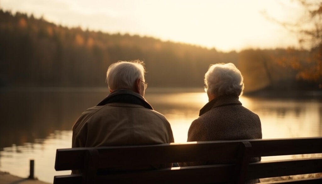 Senior couple sitting on a park bench, enjoying the sunset. Retirement planning.